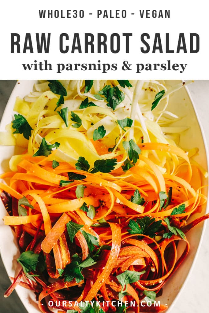 A platter of shaved raw carrot salad with parsnips, parsley, and champagne vinaigrette.