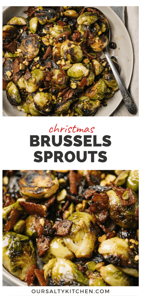 Pinterest collage for a festive Christmas brussels sprouts recipe.