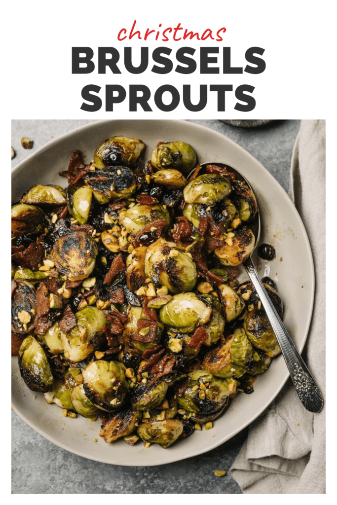 Pinterest image for a festive Christmas brussels sprouts recipe.