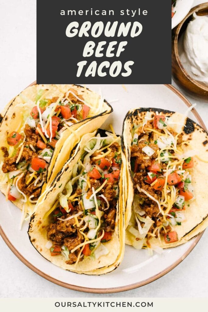 Three American style ground beef tacos on a plate topped with lettuce, cheese, and pico de gallo with a bowl of sour cream to the side; title bar at the top reads "american style ground beef tacos".