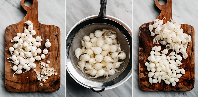 Three images showing how to prep, boil, and peel pearl onions for one pot beef stew.