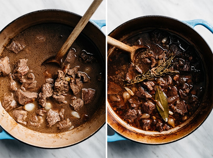 Two images showing browned chuck roast cubes before and after braising in red wine in a dutch oven for beef stew.