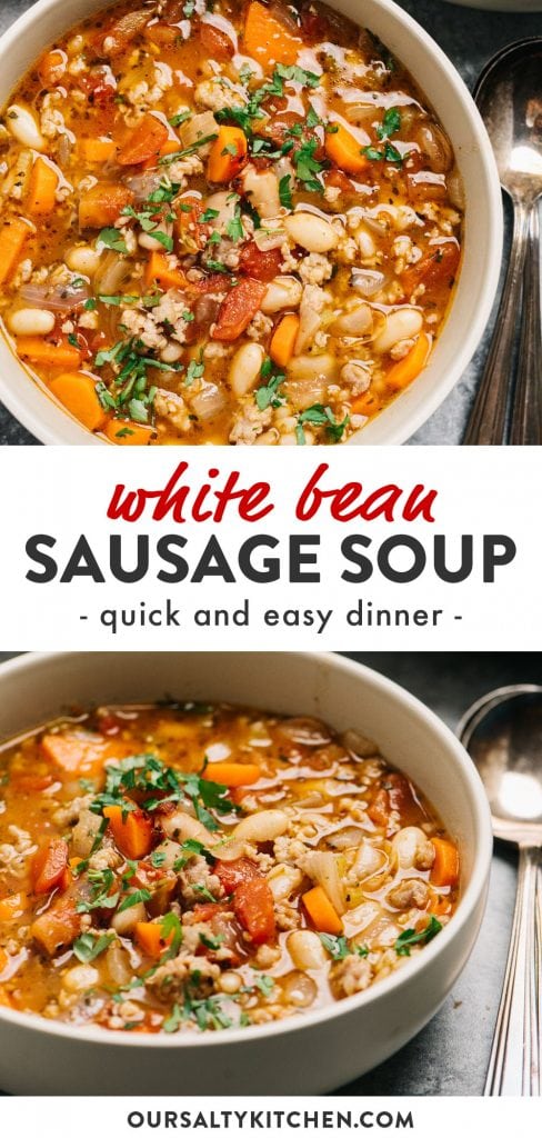 Pinterest collage for an easy italian sausage and white bean soup recipe.