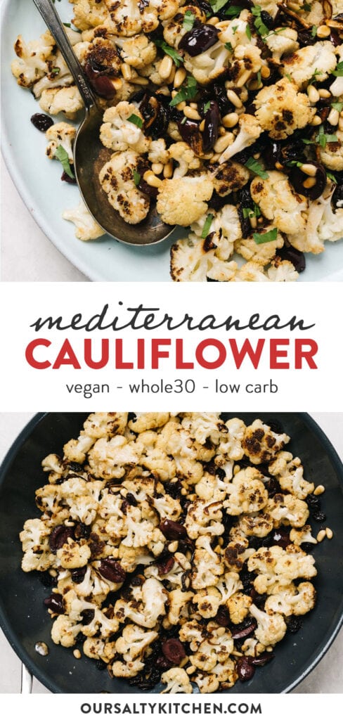Pinterest collage for a vegan mediterranean style roasted cauliflower recipe.