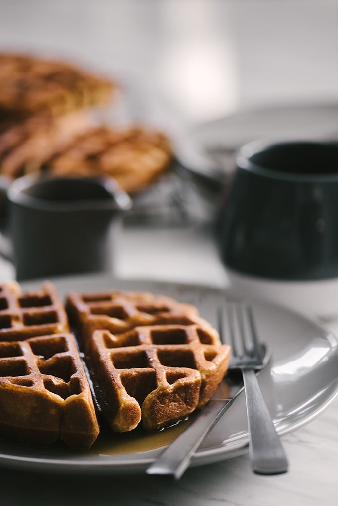 These whole grain waffles are crispy on the outside, and cakey on the inside. They're completely sugar free and made with real, whole food ingredients. #wholegrain #waffles #breakfast #recipe