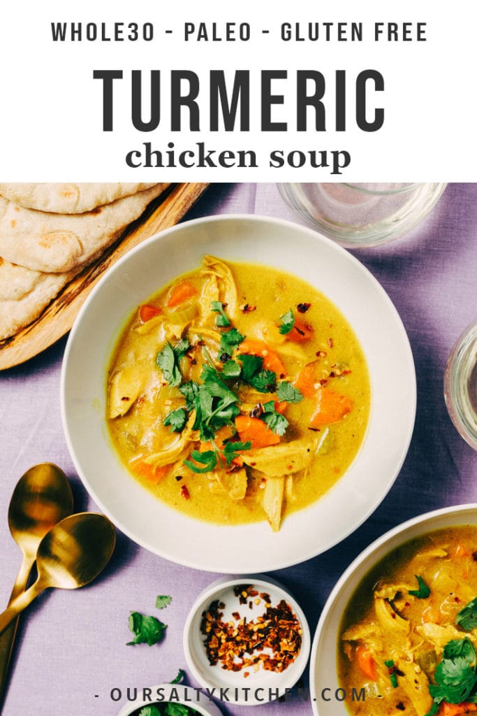 Crank your paleo soup game up a notch with this turmeric chicken soup! The tang and spice of fresh turmeric root really shines in this easy soup recipe. It's naturally gluten-free, paleo, and Whole30 compliant and a delicious way to use leftover roasted chicken.