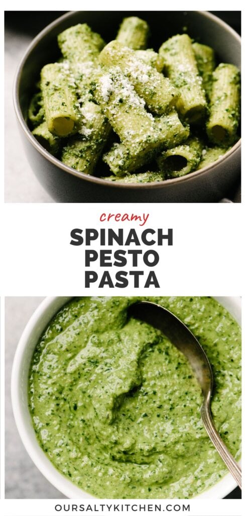 Top - side view, pasta tossed with spinach pesto in a grey bowl; bottom - a spoon dipped into a bowl of creamy pesto sauce; title bar in the middle reads "creamy spinach pesto pasta".