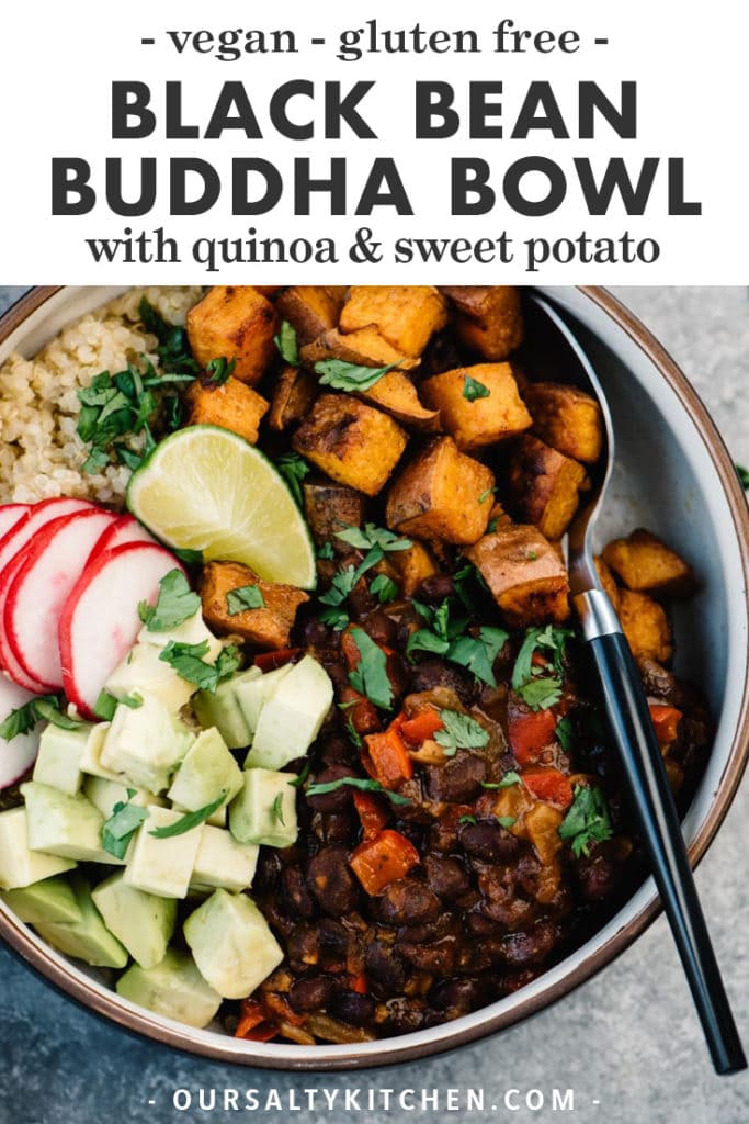 Pinterest image for vegan black bean buddha bowls with quinoa and sweet potatoes.