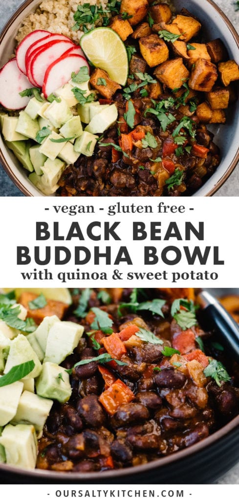 Pinterest image for vegan black bean buddha bowls with quinoa and sweet potatoes.