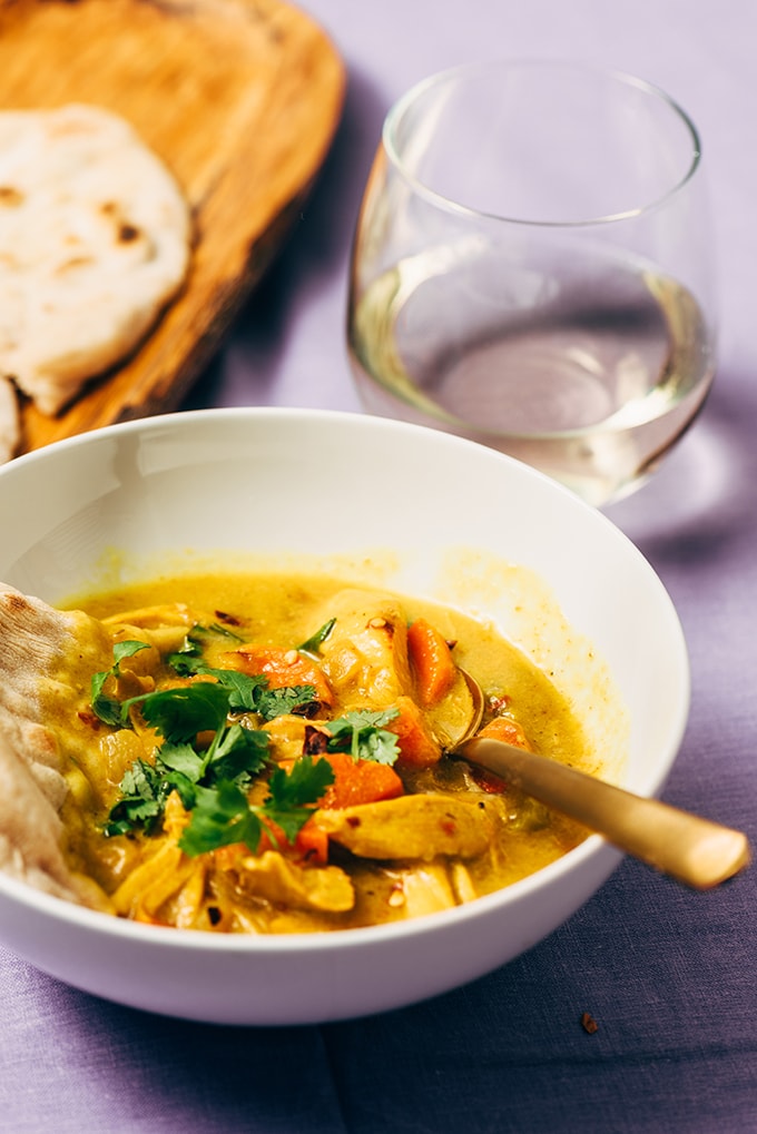 The tang and spice of fresh turmeric root really shines in this easy weeknight turmeric chicken soup. It's naturally gluten-free, paleo, and whole 30 compliant. #turmeric #chickensoup #paleo #whole30 #recipe #realfood #wholefoods