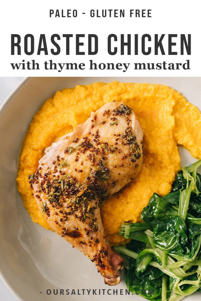 A piece of thyme honey mustard marinated chicken over root vegetable puree with sauteed spinach.