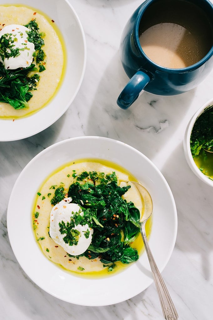 This gluten-free breakfast polenta is what food dreams are made of - creamy polenta, garlicky sauteed greens, a silky poached eggs, and tangy salsa verde. This is a warm, cozy, comforting breakfast polenta.