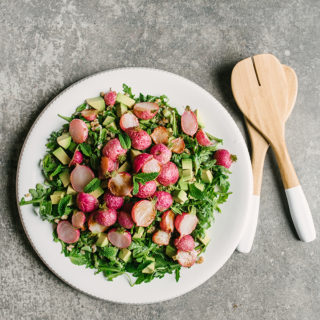 Roasted radishes are sweet, tender and juicy. While perfect on their own with a little butter and salt, they really shine in a warm grain salad tossed with mint salsa verde.