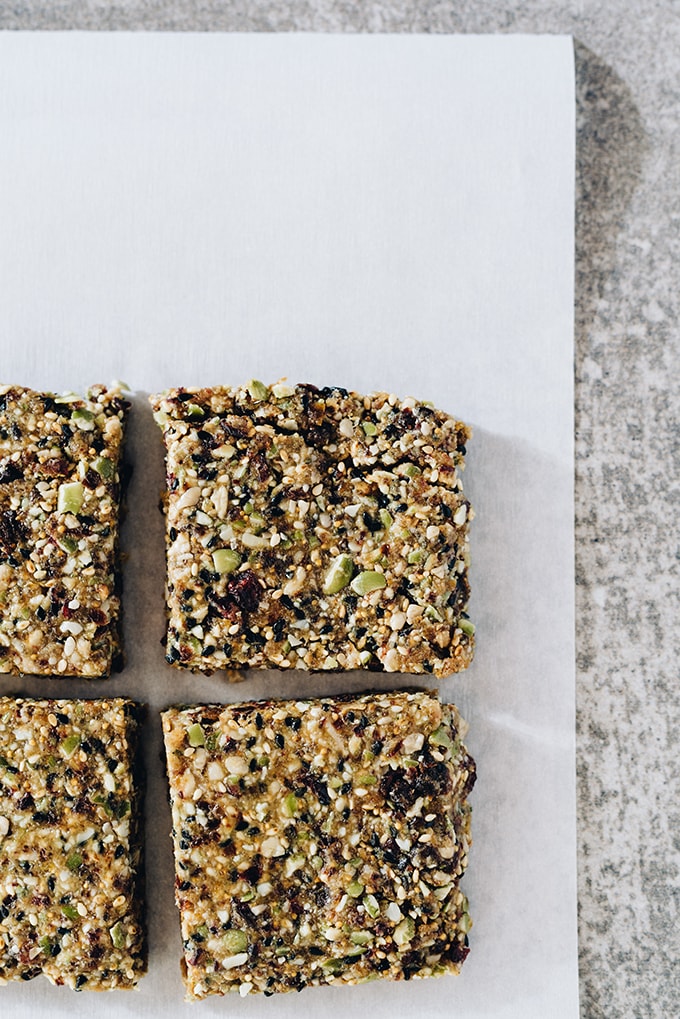 These nut-free paleo bars are slightly sweet and surprisingly nutty, with a texture that is both chewy and crunchy. Made with seeds, dried fruit, sunbutter and honey, these nut free paleo bars take only minutes to prepare and about an hour to chill. They are easy, healthy, and allergen friendly!