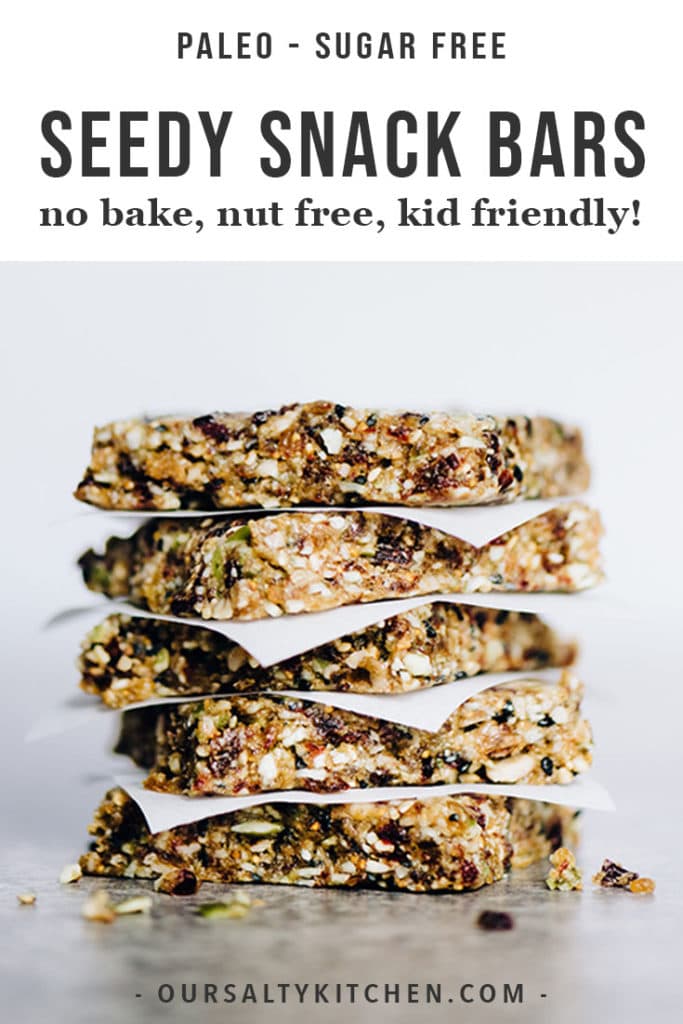 A stack of sugar free paleo snack bars with seeds and dried fruit.