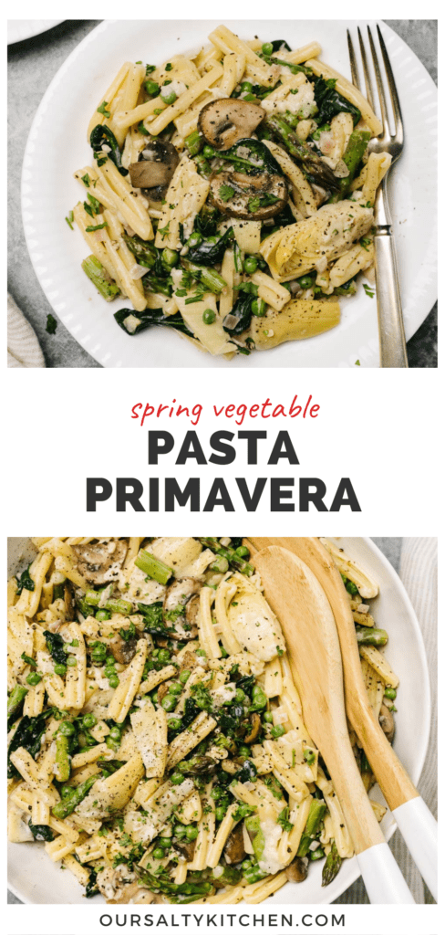 Pinterest collage for a vegetarian spring pasta primavera recipe.