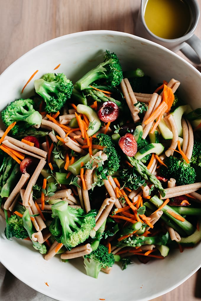 This broccoli and asparagus pasta salad is a lighter, healthier, seasonal version of the classic with whole wheat noodles that stand up well to a long marinade. Fast and easy, it's ready in just under 30 minutes!
