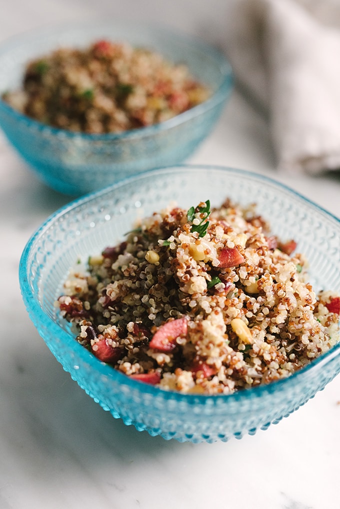 This cherry quinoa pilaf with pine nuts is an easy, seasonal, no fuss side dish. It's ready in less than 30 minutes and super customizable.