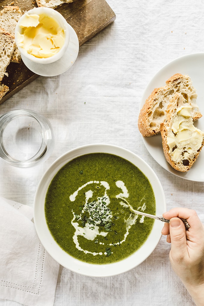 This spring green soup is refreshing and surprisingly hearty. Made with spinach, chard, and chicken bone broth it's brimming with vitamins and minerals. I love that it's highly customizable and can accommodate vegan, vegetarian, dairy-free, paleo, and Whole30!