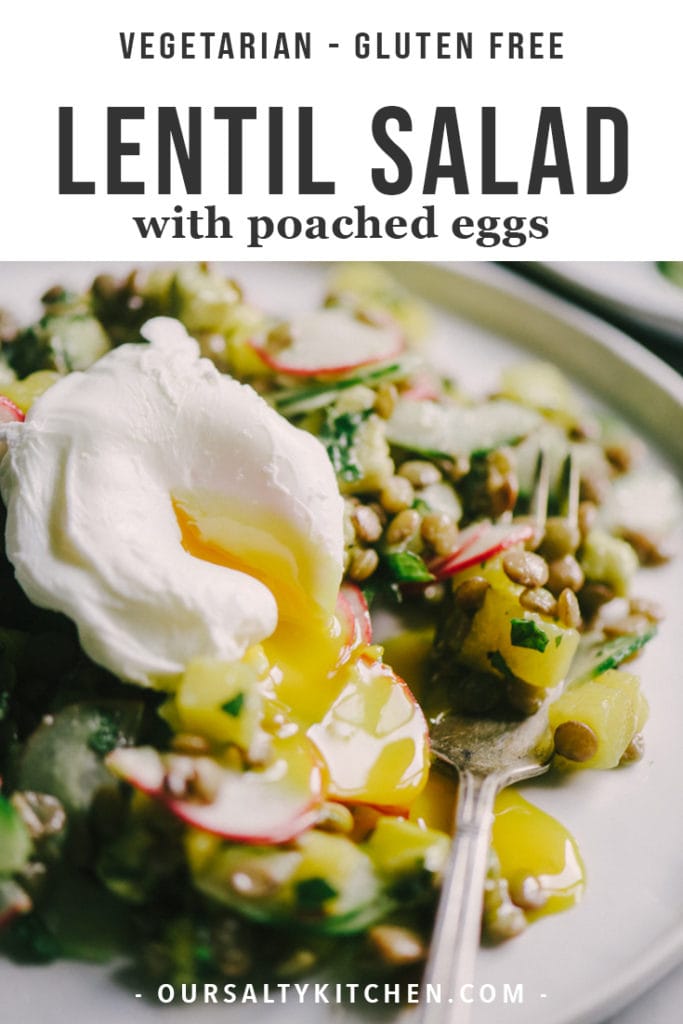 A plate of lentil salad with mango, vegetables, and a perfectly poached egg.