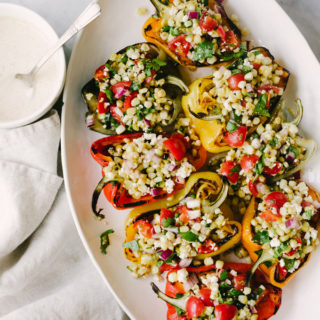 Grilled mexican street corn stuffed peppers are a fast, easy, vegetarian meal. This delicious real food + whole food recipe is packed with vegetables and an easy weeknight dinner, lunch, or side dish. #healthy #wholefood #realfood #vegetarian
