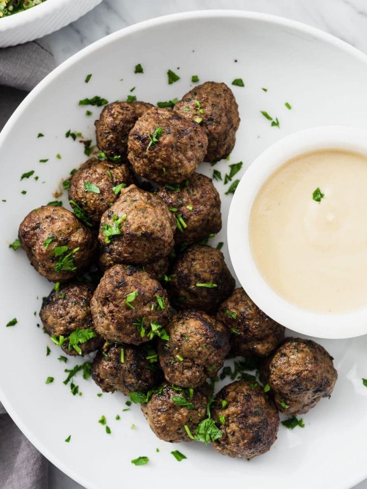 Lebanese beef kofta spiced meatballs are satisfying paleo snack or quick and easy whole foods dinner. Serve with cauliflower rice or quinoa tabbouleh for a complete meal. #paleo #wholefood #realfood #whole30