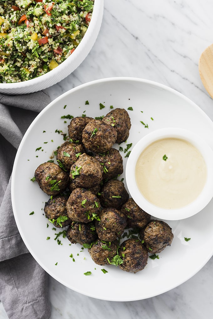 Lebanese beef kofta spiced meatballs are satisfying paleo snack or quick and easy whole foods dinner. Serve with cauliflower rice or quinoa tabbouleh for a complete meal. #paleo #wholefood #realfood #whole30