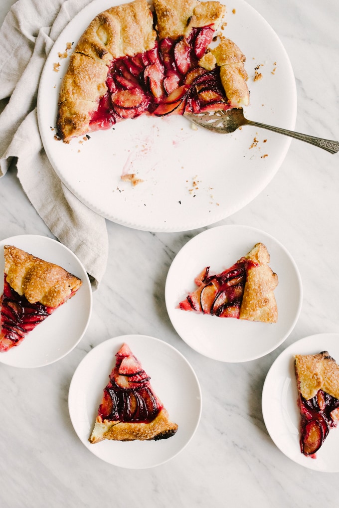 This cardamom plum galette is subtlety spiced, delightfully sweet, and a perfect use for the bounty of stone fruits available in late summer. The sweet cornmeal crust is crisp, yet delicate, with a melt-in-your-mouth tenderness.