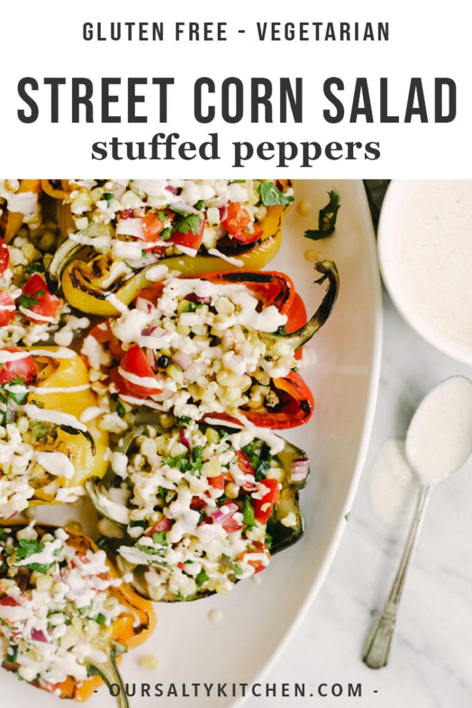 Tired of the same old vegetarian Mexican recipes? Try these Mexican street corn salad stuffed peppers! They're grilled start to finish (no oven! no dishes!), fast (ready in 30 minutes), healthy, and so full of flavor. Your family will love this fun weeknight dinner.