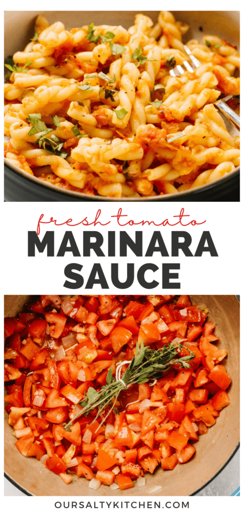 A pinterest collage for marinara sauce made from fresh tomatoes.