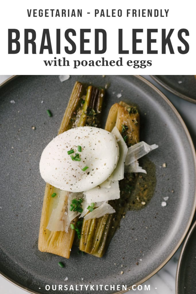 Braised leeks with white wine, parmesan, and a poached egg is simple, healthy, whole foods recipe. Skip the egg and serve them as a side dish, or add a simple salad or seasonal fruit to make it a filling vegetarian dinner. If you've never had braised leeks before, you're in for a delicious treat!