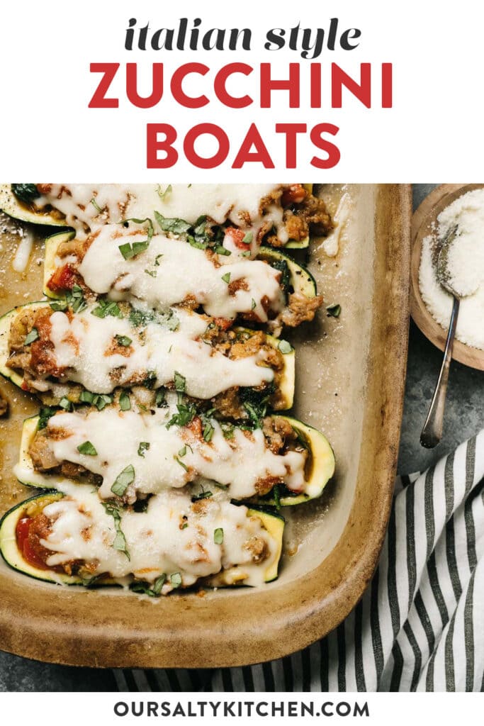 Pinterest image for a recipe for italian sausage stuffed zucchini boats.