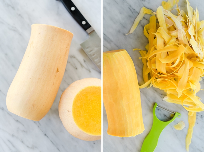How to trim a whole butternut squash for butternut squash noodles. Trim the bulbous end, peel the neck, then slice the neck into squash noodles using a handheld julienne peeler or spiralizer.