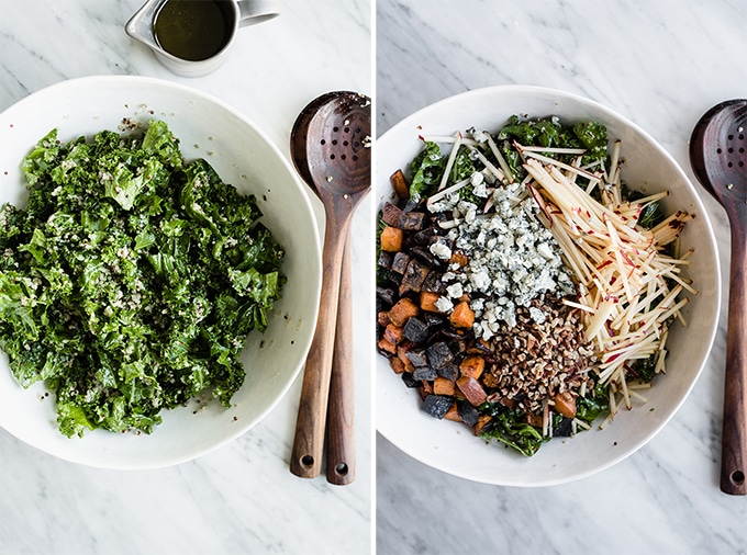 How to make kale chicken salad - left, a salad bowl filled with kale and cooked quinoa. Right, the kale and quinoa based topped with apple, blue cheese, walnuts, and grilled sweet and purple potatoes. 