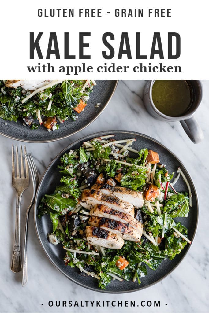 A plate of kale chicken salad with apples, quinoa, and maple vinaigrette.
