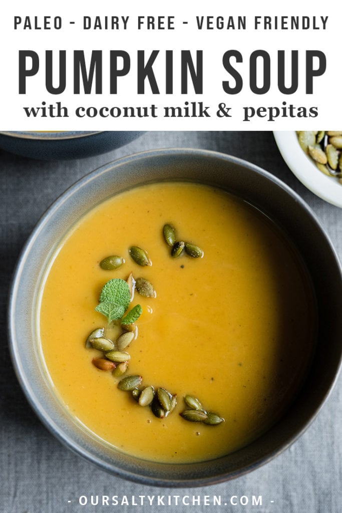 This roasted pumpkin soup recipe is the reason for the fall season. Fresh roasted sugar pumpkins make for a bright, fresh, and sweet flavor. Coconut milk makes it creamy, but keeps the texture light and fresh. This is an easy and simple lunch, light dinner, or dinner party appetizer. Because it's paleo, gluten free, dairy free, and vegan friendly, this pumpkin soup is a recipe everyone can love!