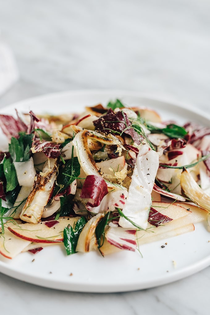 A 45-degree view of a white plate on a marble background filled with roasted fennel salad with apple and radicchio. 