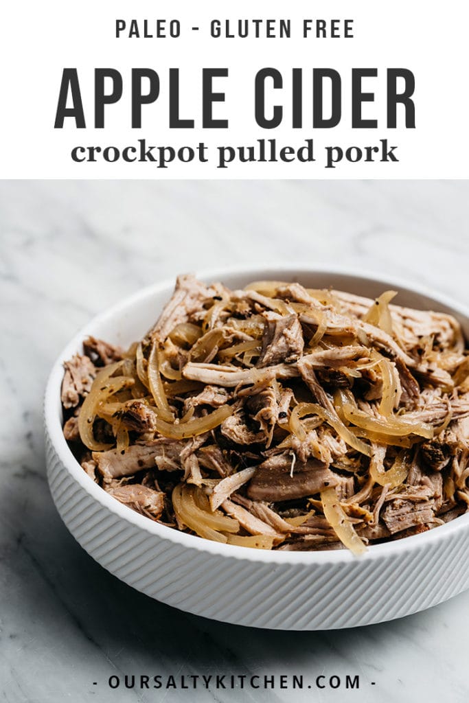 This apple cider pulled pork recipe is easy autumn meal prep at its most delicious. It's ready to cook in just 20 minutes and perfect for sandwiches, salads, lunch prep, or a freezer stash. Toss it with no mayo coleslaw for a paleo dinner, or tuck into gluten free buns or lettuce wraps. There are so many ways to enjoy this easy, flavorful paleo, gluten free recipe. Bonus - it's kid friendly too!!