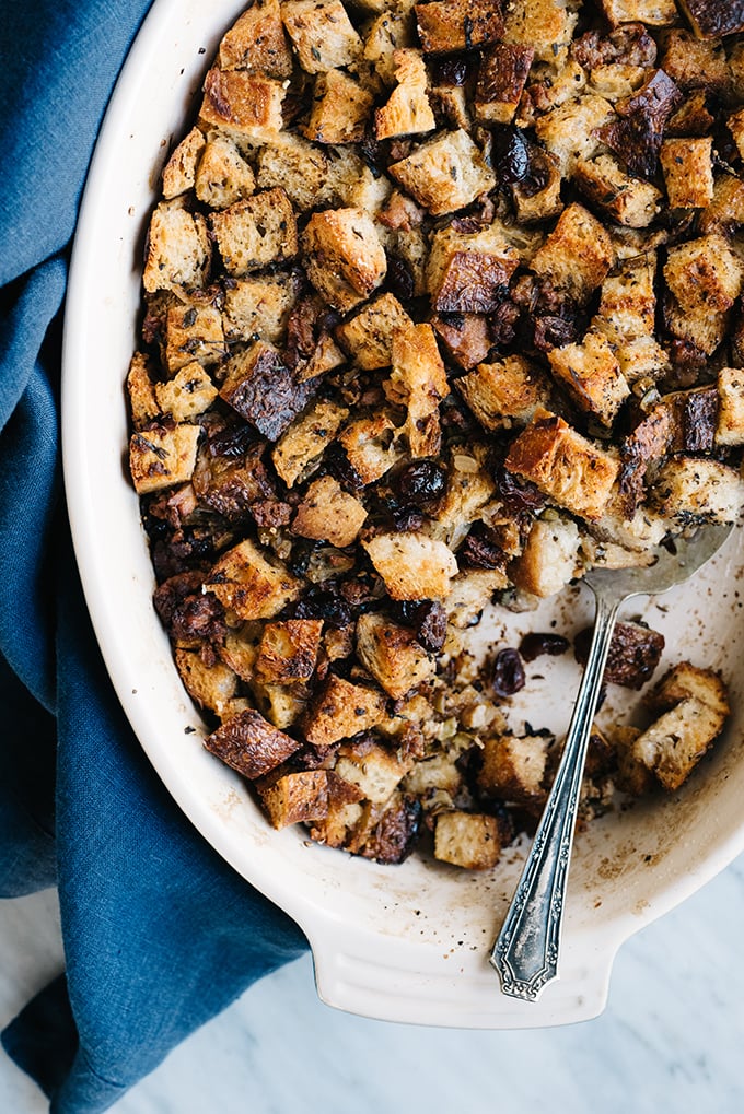 Stuffing is my favorite part of Thanksgiving dinner! This sausage and cranberry stuffing is super easy, deeply flavorful, and a total crowd pleaser. #thanksgiving #stuffing #sidedish #sausage