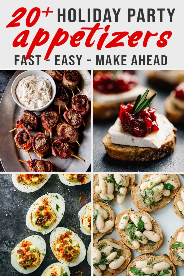 Various images of cocktail party appetizers for a round up of fast, easy, and or make ahead cocktail party appetizer.