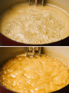 Top - caramel candy mixture in a red dutch oven just coming to a boil; bottom - caramels candy mixture deep in color and at the soft ball stage.