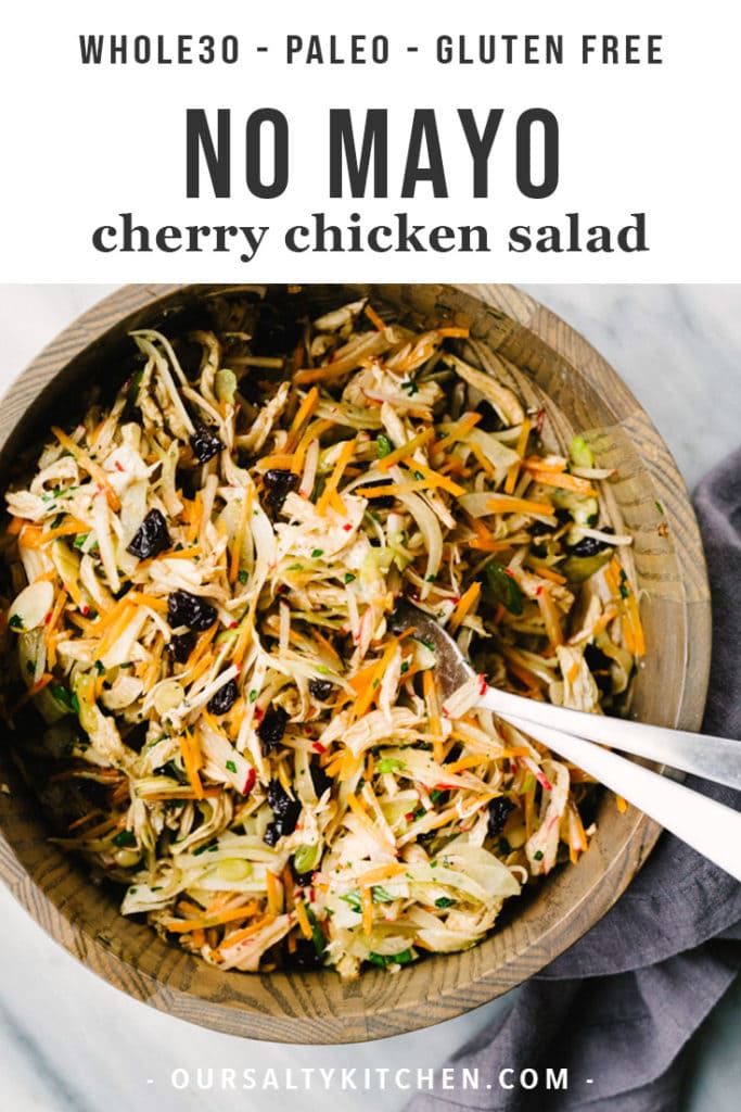 No mayo whole30 cherry chicken salad in a wood bowl.