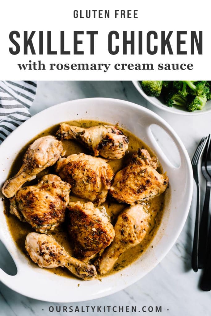 This creamy rosemary garlic chicken recipe is an easy and flavor packed weeknight dinner! It's ready in just thirty minutes and completely kid friendly. Serve this tasty cast iron skillet chicken with double veggies for a delicious gluten free dinner that's ready in just 30 minutes.