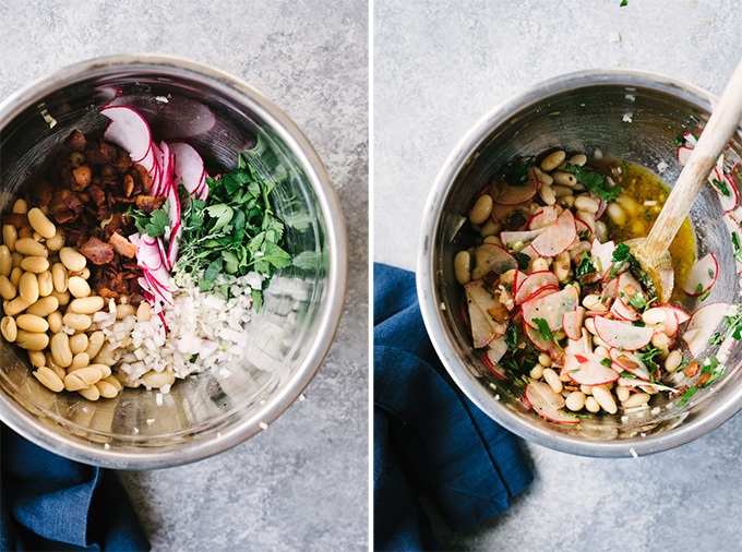 Left - deconstructed white bean salad in a bowl with bacon, radish, white beans, herbs, shallots and garlic. Right - tossed white bean salad in a bowl.