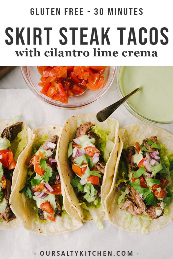 These skirt steak tacos are perfect for Taco Tuesday! They're marinated in a homemade carne asada spice blend, then grilled until crispy on the outside and tender on the inside. These easy weeknight tacos are finished with a fresh and flavorful cilantro lime sour cream sauce that quickly transforms them into the best tacos EVER. You'll love these gluten free, kid friendly skirt steak tacos!