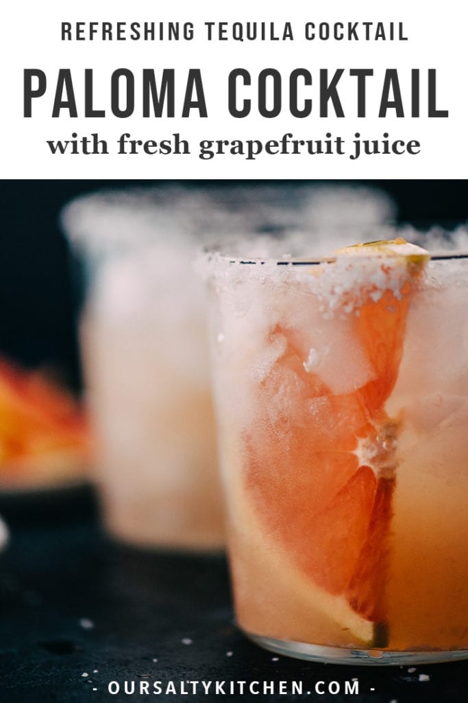 Paloma cocktail made with fresh grapefruit juice in a cocktail glass with a grapefruit slice and sugared rim.