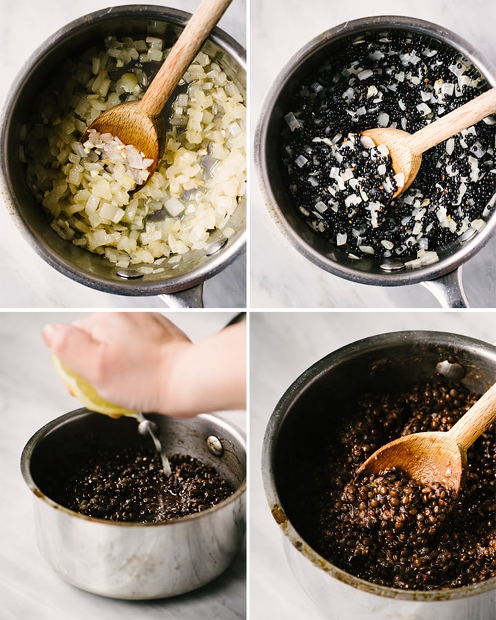A collage showing how to cook black lentils.