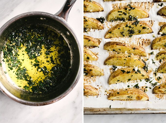 Left - basil garlic butter in a small sauce pan. Right - crispy baked oven fries brushed with basil butter.