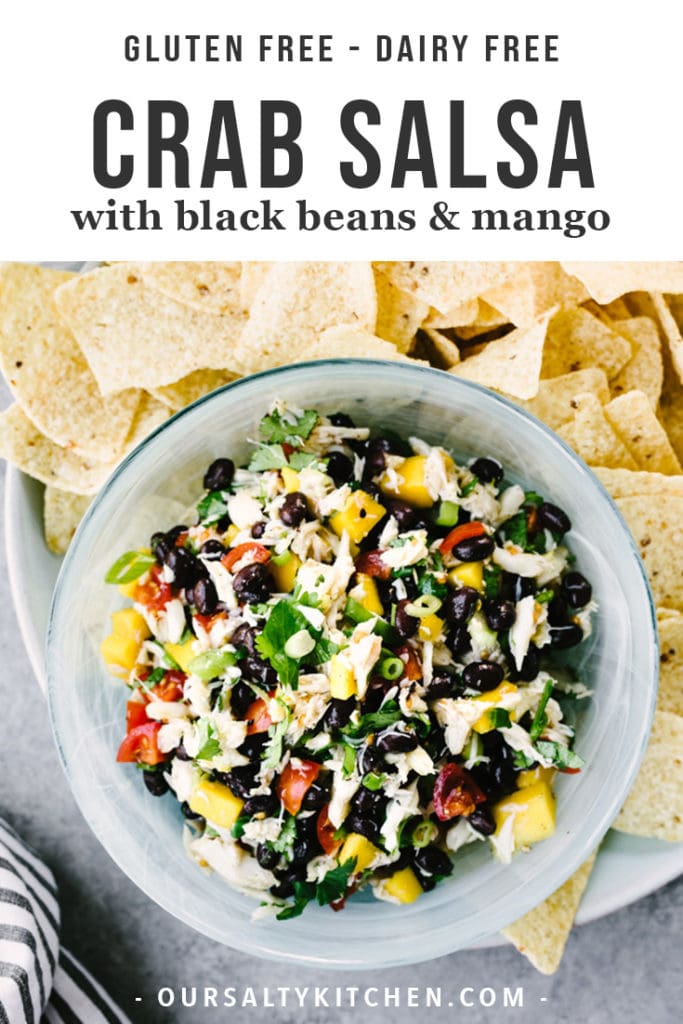 It's salsa season. Yes! For a fun and healthy twist on classic black bean salsa, try this easy version with mango, crab and cilantro. There's nothing more refreshing than crab dip for a summer picnic or potluck. It's sweet, bright, salty, and a total crowd pleaser. You'll love this easy, healthy summer salsa recipe!