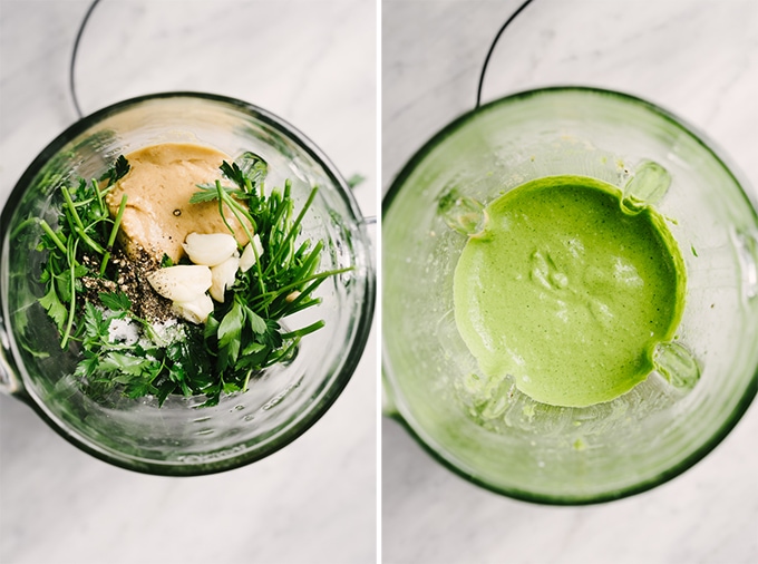 How to make green tahini sauce. Left, parsley, tahini, olive oil, garlic cloves, and seasoning in a blender. Right - an overhead view of freshly made green tahini sauce in a blender.